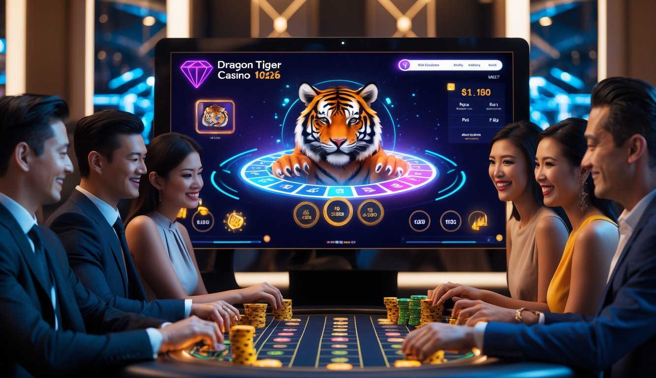 Sejumlah pemain yang sedang bermain permainan kartu Dragon Tiger di kasino online dengan dealer langsung di layar besar.