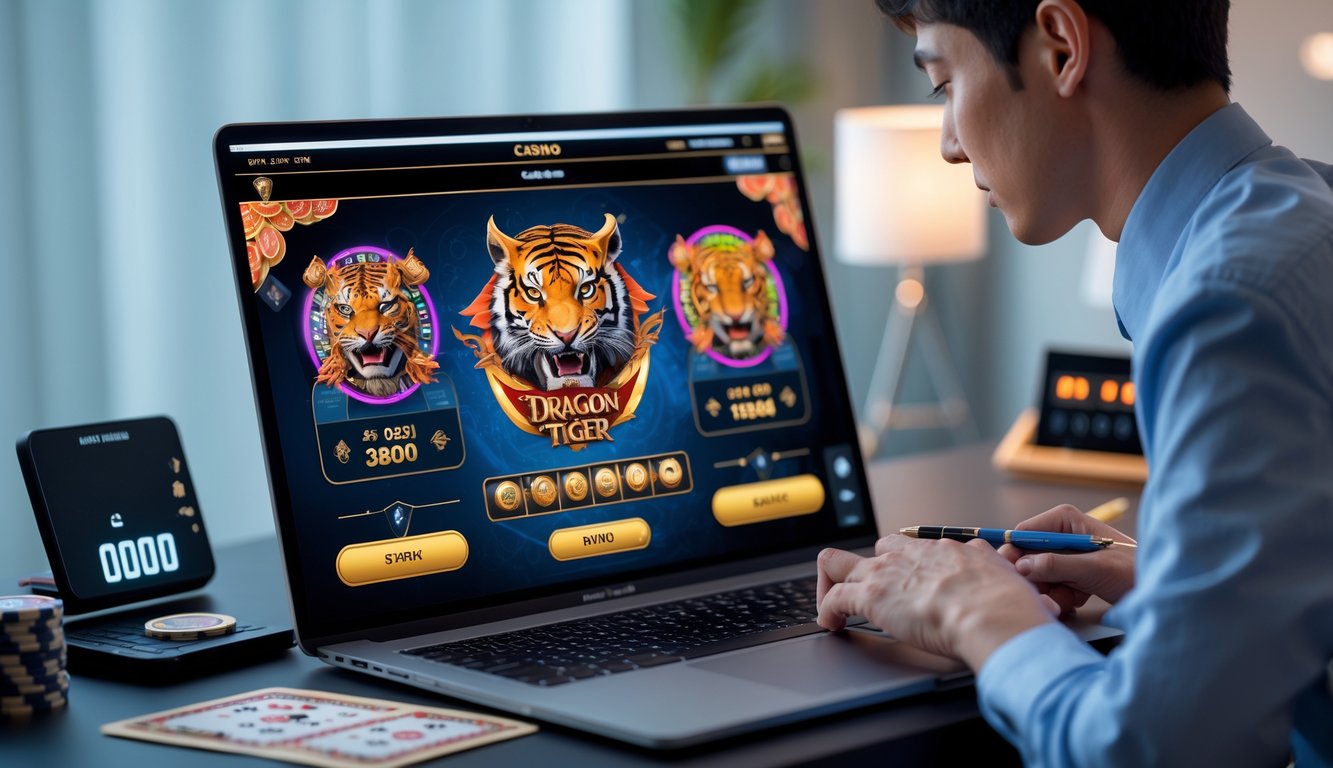 Seseorang sedang bermain dan menganalisis permainan Dragon Tiger di komputer dengan suasana ruangan yang terang dan rapi.
