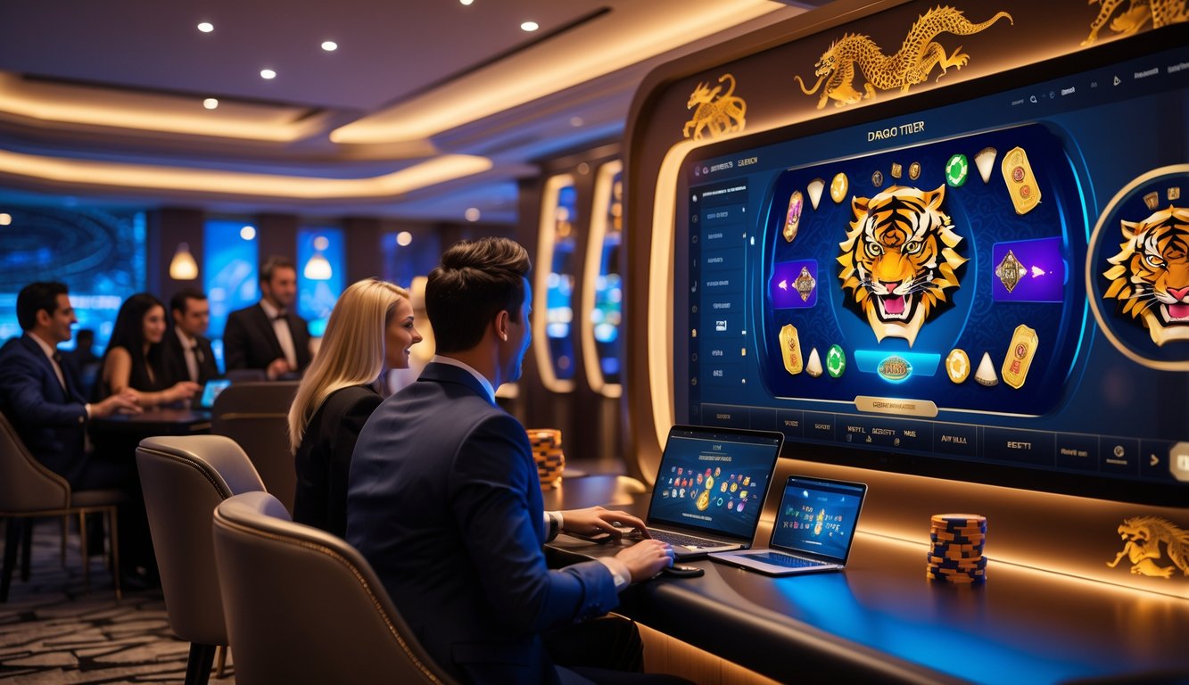 Orang-orang bermain permainan Dragon Tiger online di sebuah ruangan kasino modern dengan layar komputer dan ponsel.