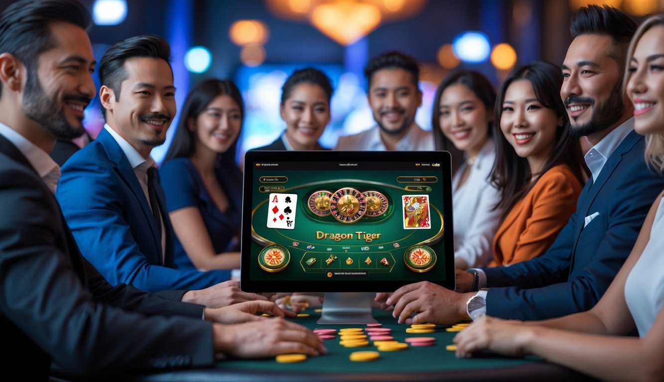 Orang-orang bermain permainan Dragon Tiger secara online menggunakan perangkat digital di lingkungan kasino yang modern dan mewah.