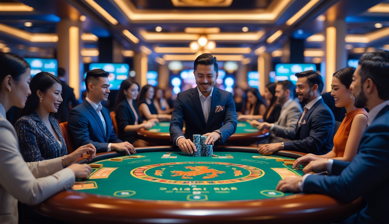 Suasana meja permainan Dragon Tiger di kasino langsung dengan pemain dan dealer yang sedang bermain.