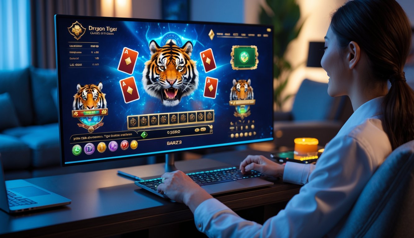 Seseorang duduk di sofa di rumah, bermain permainan kartu Dragon Tiger secara online di layar besar dengan dealer langsung terlihat.