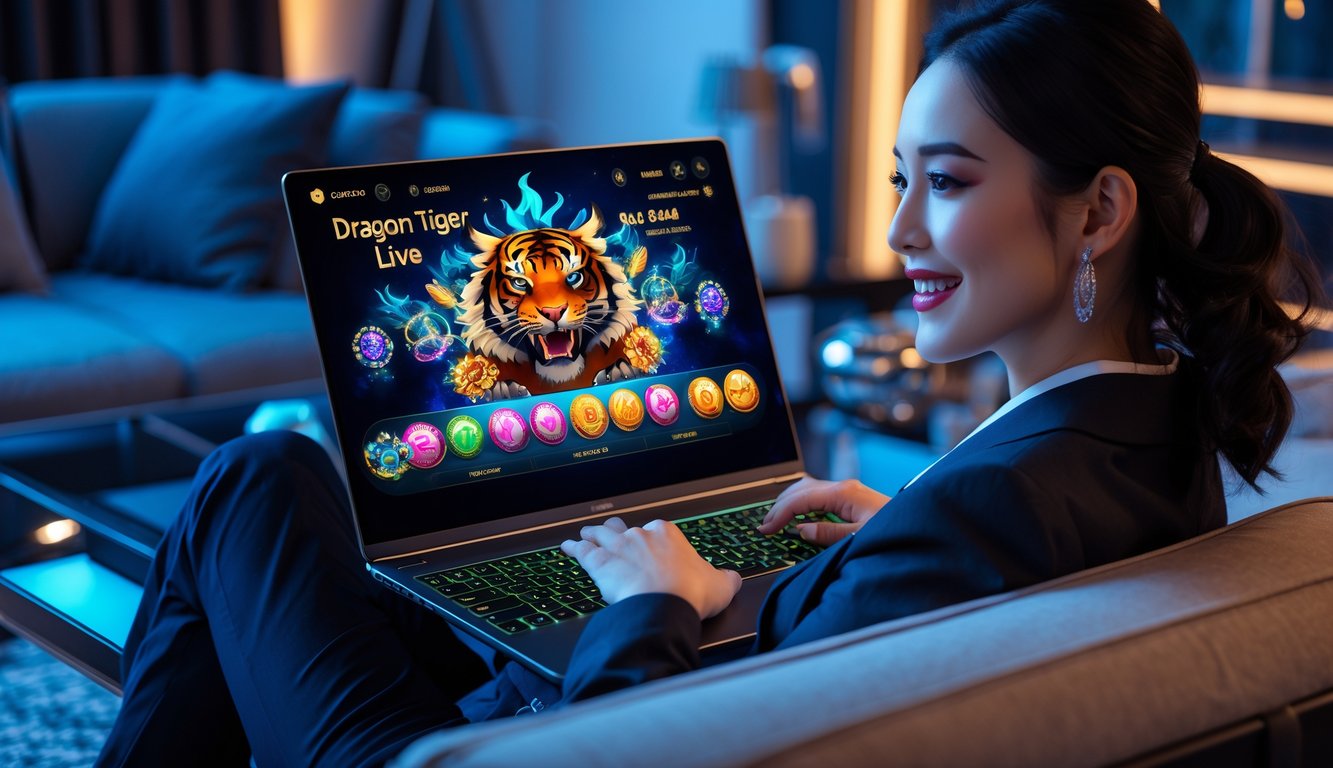 Seseorang duduk di sofa dengan laptop menampilkan permainan kasino Dragon Tiger secara langsung di rumah.