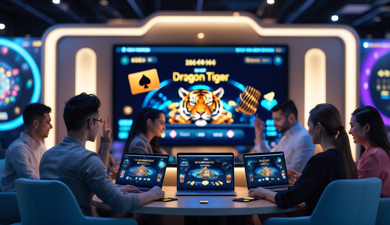 Orang-orang bermain permainan Dragon Tiger secara online menggunakan berbagai perangkat di lingkungan kasino digital yang modern dan nyaman.