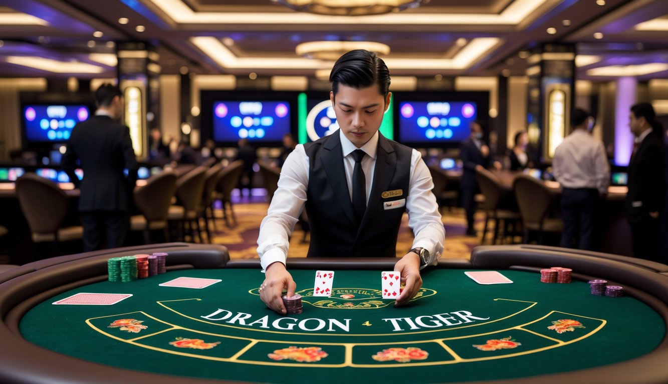 Seorang dealer di meja Dragon Tiger di kasino dengan beberapa pemain yang mengamati permainan.