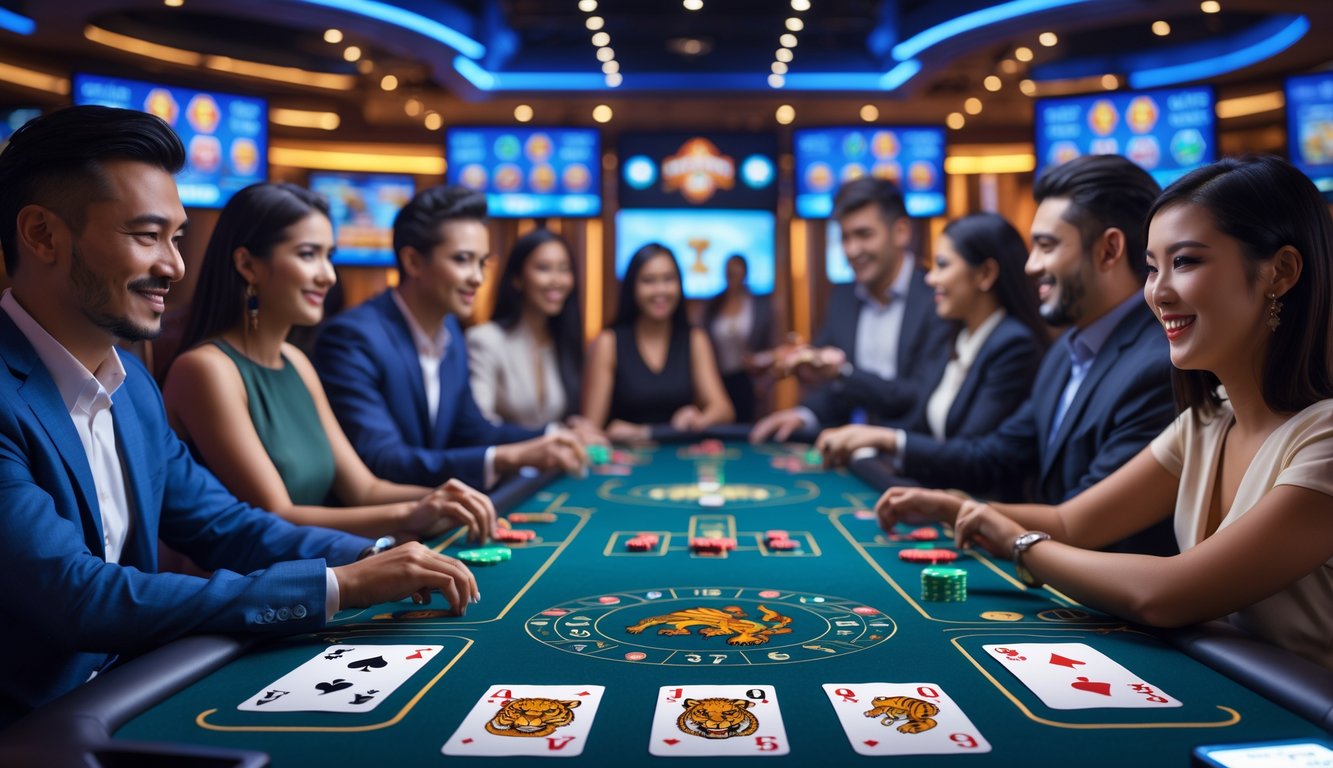 Suasana meja permainan Dragon Tiger di kasino langsung dengan pemain yang antusias dan dealer, menampilkan kartu dengan simbol naga dan harimau.