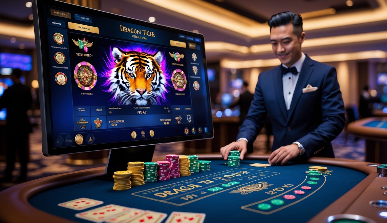 Seorang dealer profesional di depan layar komputer dengan permainan kartu Dragon Tiger di kasino online yang modern dan mewah.
