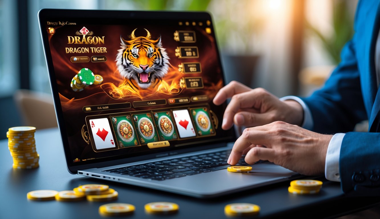 Seseorang sedang bermain permainan Dragon Tiger di komputer dengan tampilan kasino online yang modern.