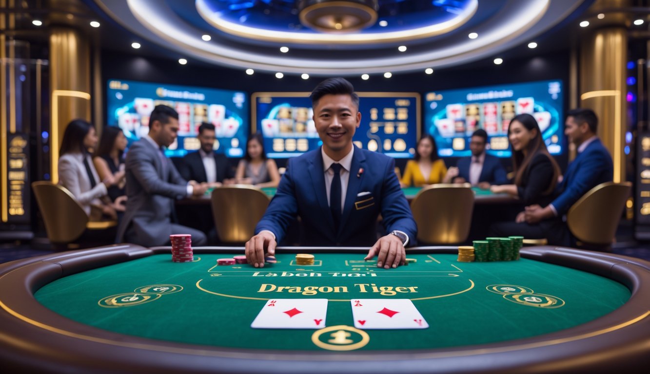 Suasana meja kasino langsung dengan permainan kartu Dragon Tiger, pemain dan dealer sedang bermain dalam ruangan kasino modern.