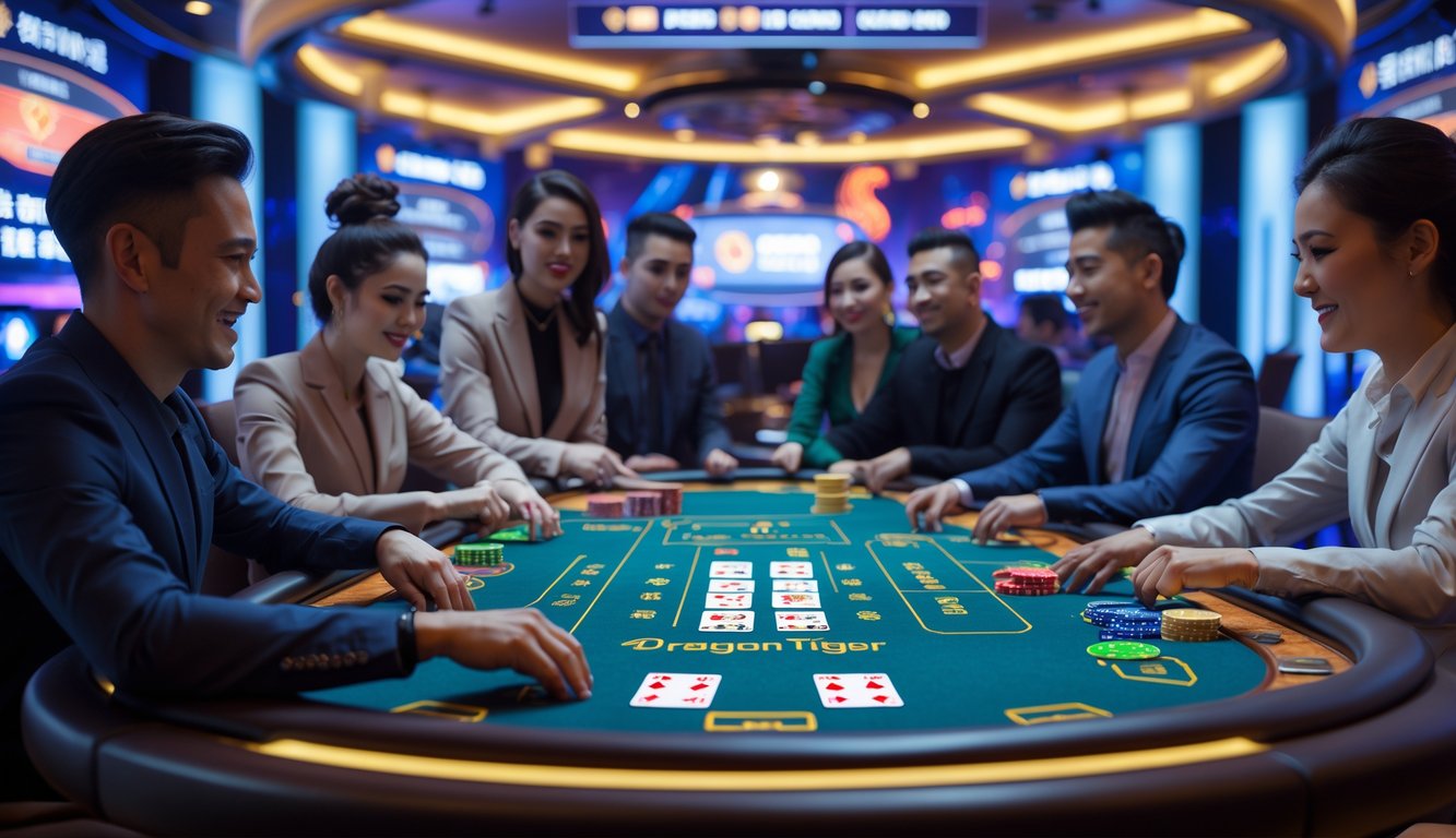 Suasana meja permainan Dragon Tiger di kasino langsung dengan pemain yang fokus dan layar digital di latar belakang.