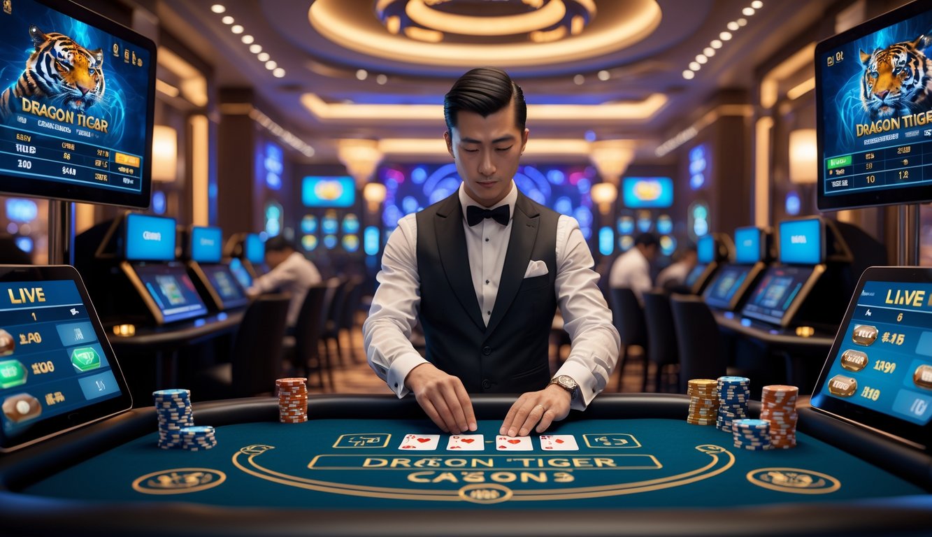 Seorang dealer di meja kasino yang mewah sedang membagikan kartu dengan layar digital dan pemain menggunakan perangkat elektronik untuk bertaruh.