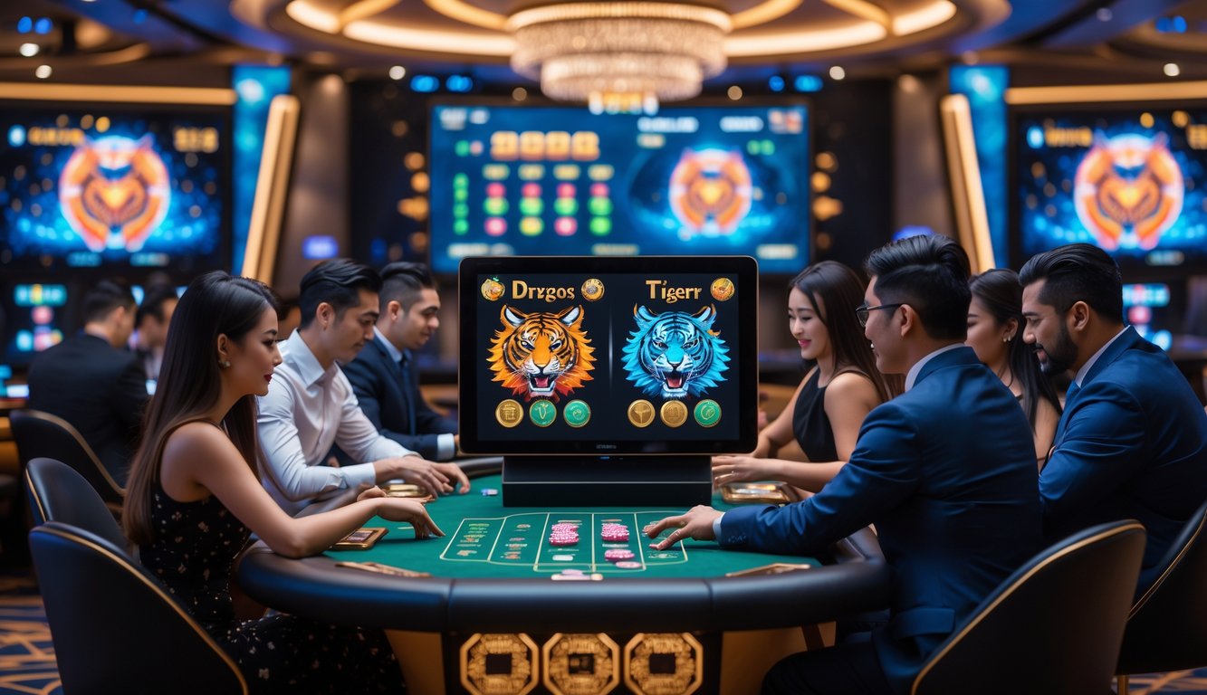 Beberapa orang sedang bermain permainan Dragon Tiger di meja kasino dengan layar digital di lingkungan kasino yang modern dan terang.