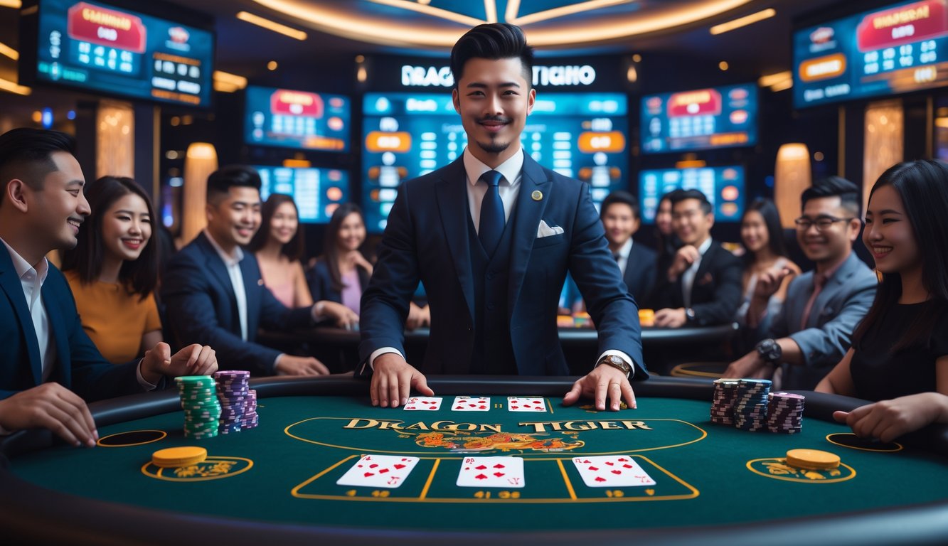 Seorang dealer di meja permainan Dragon Tiger di kasino dengan pemain yang sedang bertaruh dan layar digital di latar belakang.