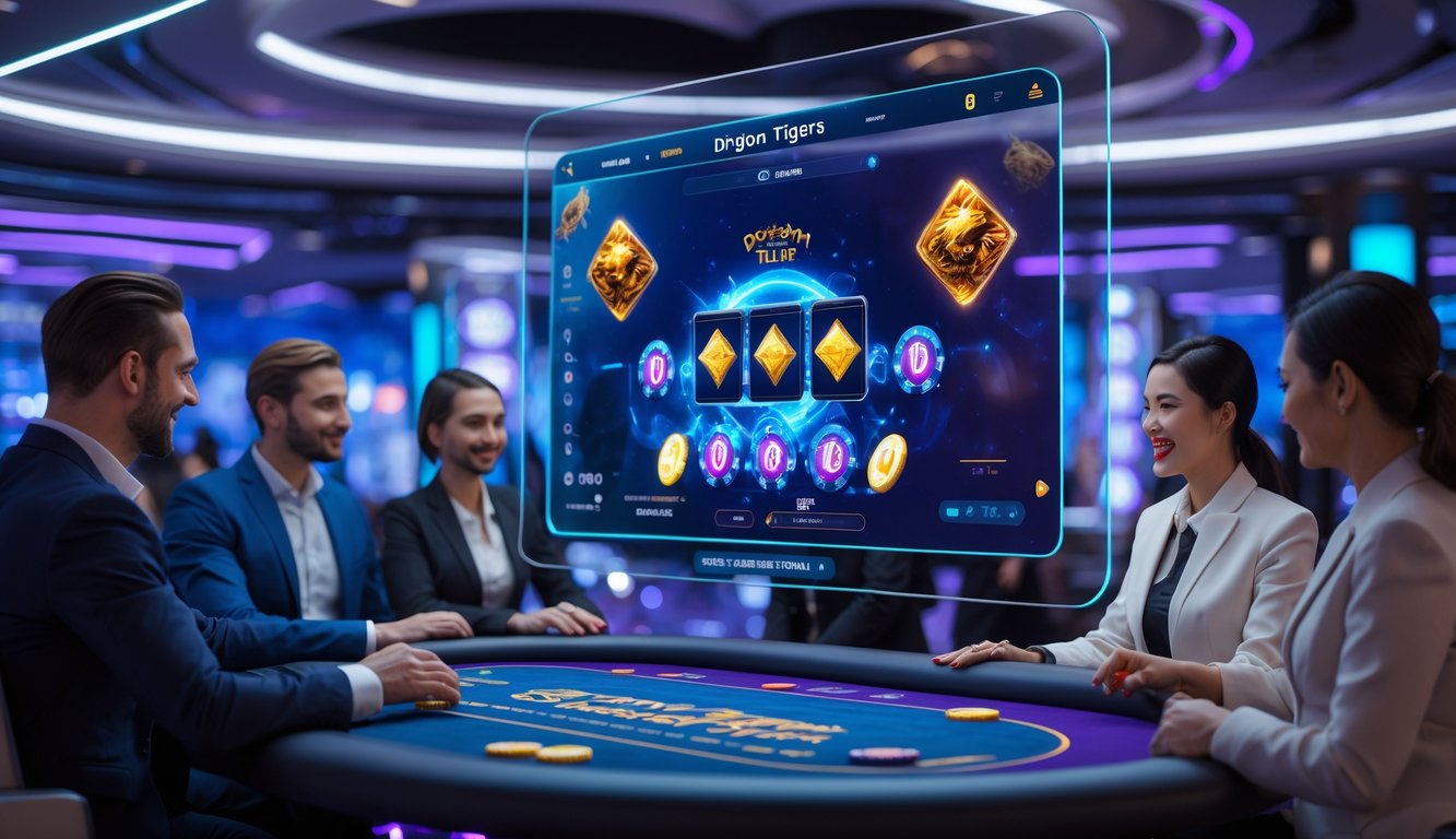 Seorang pemain sedang bermain permainan Dragon Tiger di kasino online dengan dealer langsung di layar, dikelilingi suasana kasino modern yang futuristik.