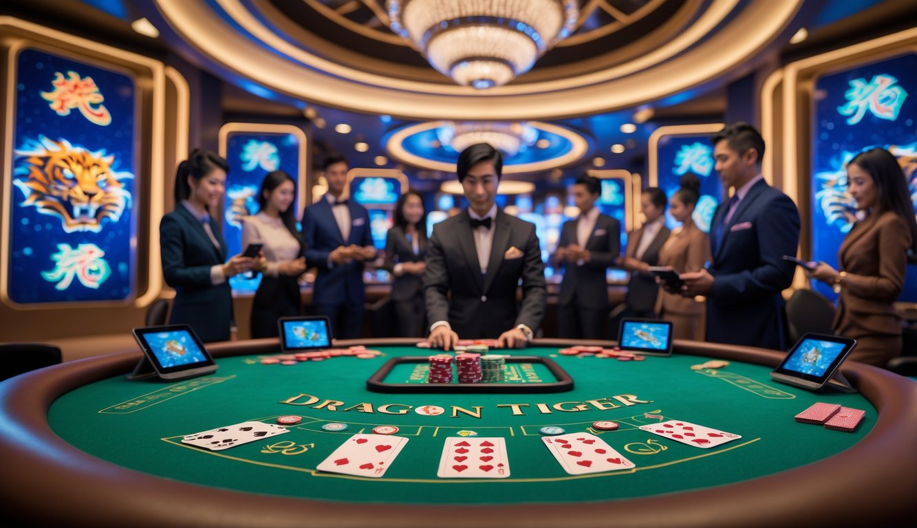 Suasana meja kasino langsung dengan pemain menggunakan tablet dan smartphone untuk bermain Dragon Tiger online.