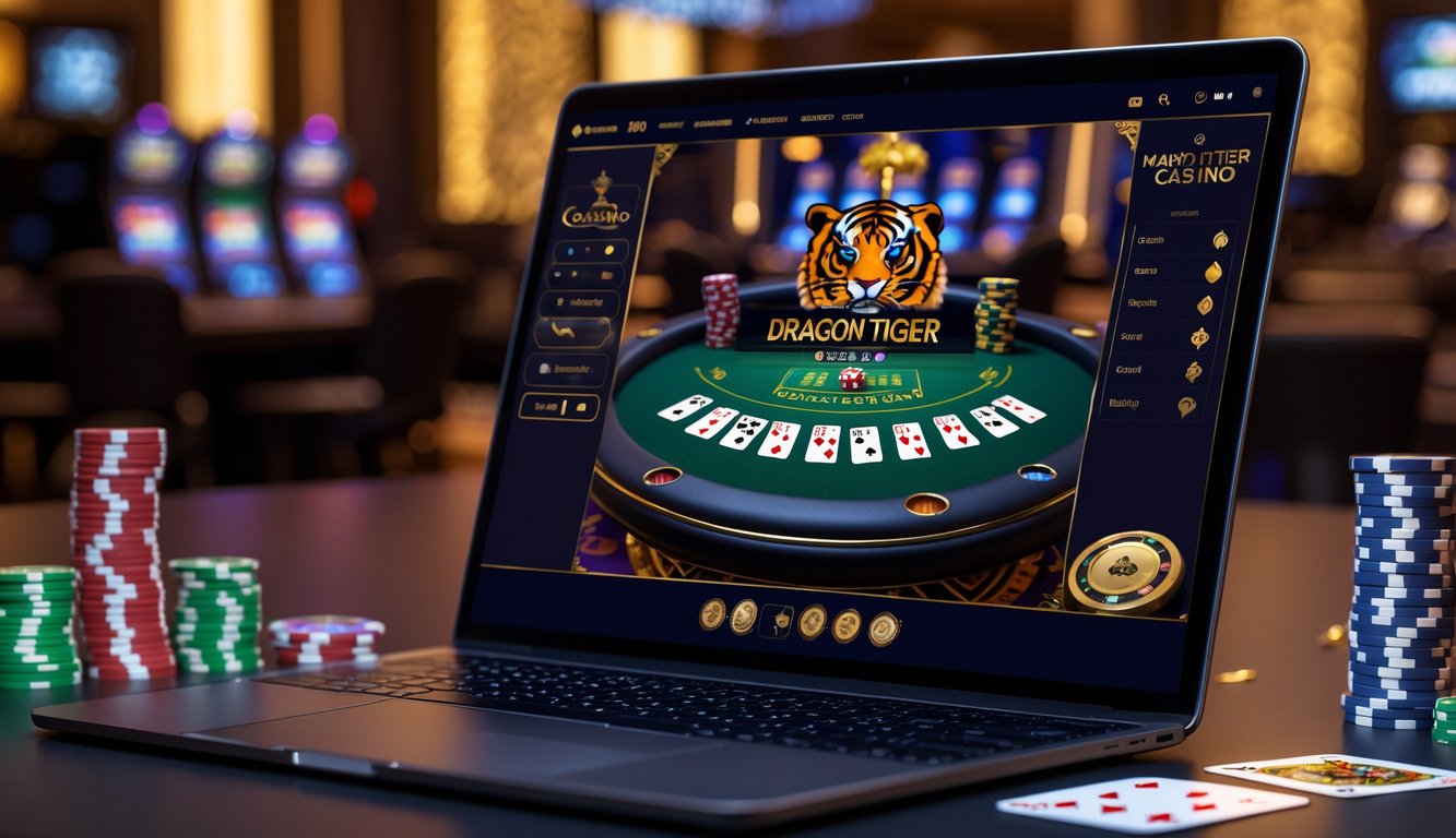 Sebuah perangkat digital menampilkan permainan kartu Dragon Tiger dengan chip poker di sekitarnya dalam suasana kasino online.