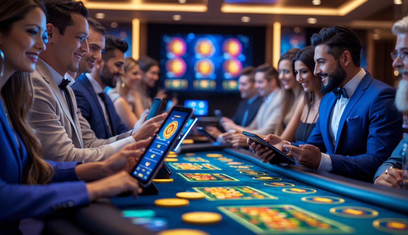 Beberapa orang bermain game Dragon Tiger secara online di meja kasino dengan suasana modern dan ramai.