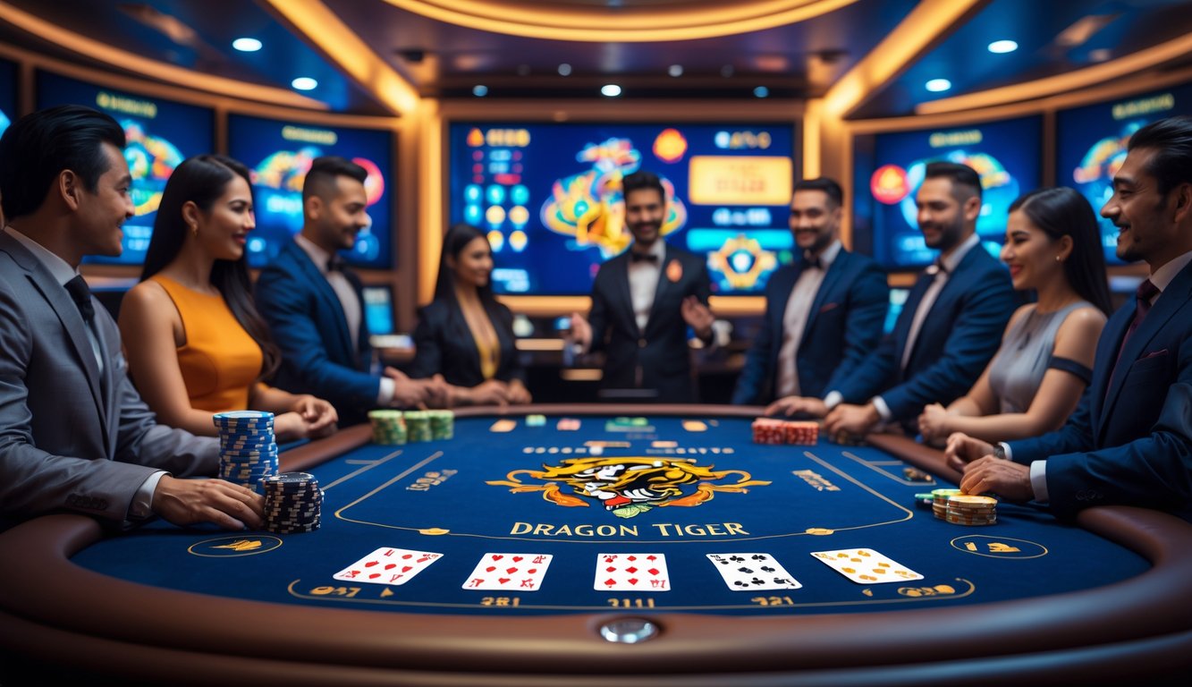 Suasana meja kasino langsung dengan kartu Dragon Tiger dan pemain serta dealer yang sedang bermain.