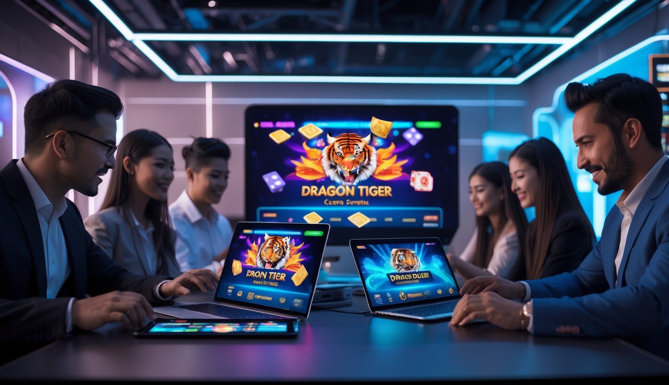 Orang-orang menggunakan laptop dan tablet untuk bermain permainan kasino online Dragon Tiger di lingkungan kasino modern yang cerah dan futuristik.