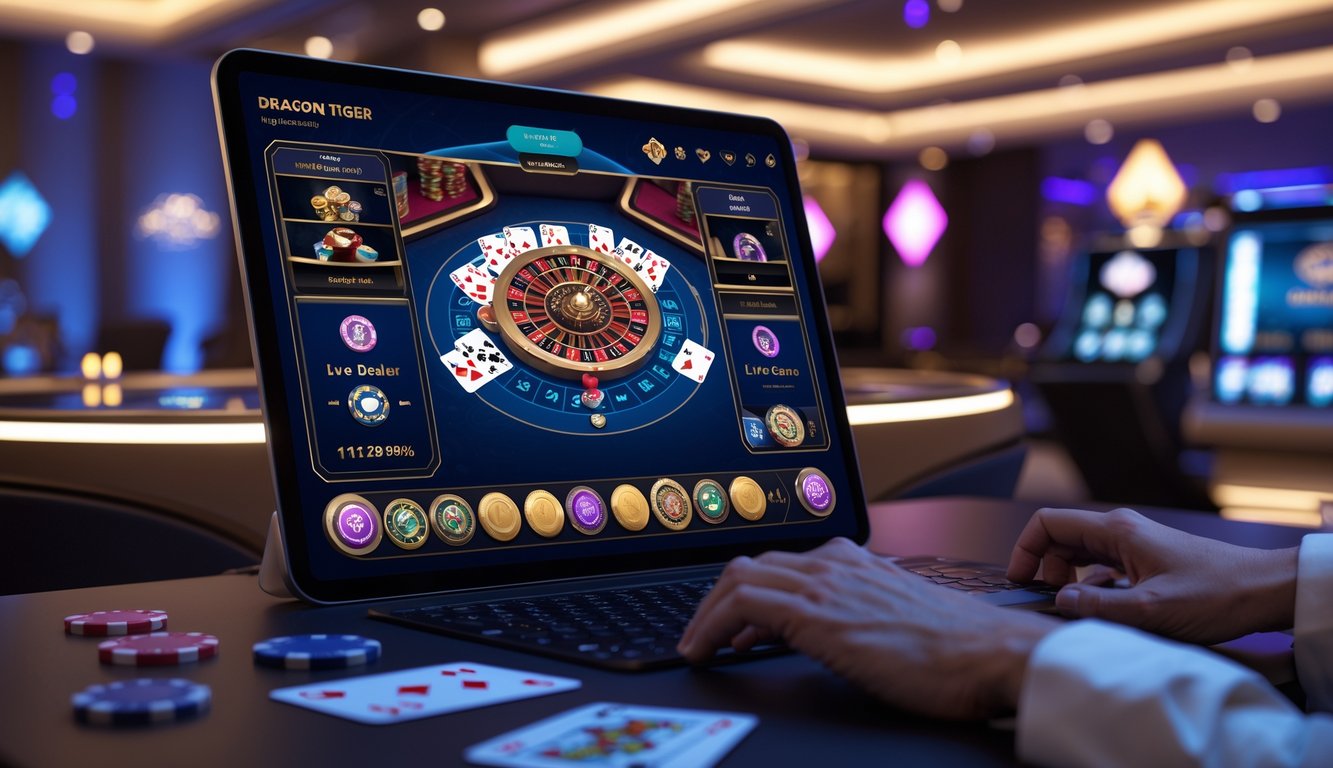 Suasana kasino online dengan dealer langsung dan permainan kartu Dragon Tiger di layar komputer modern.