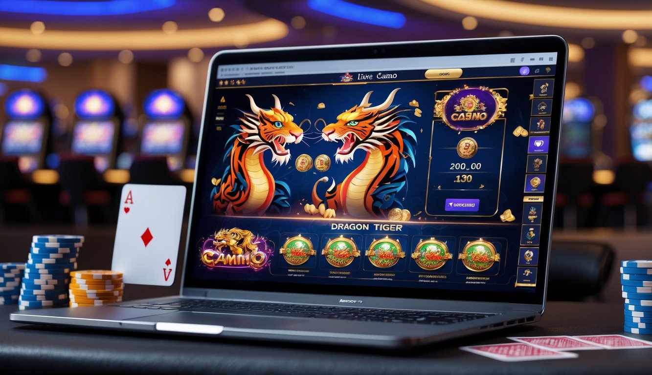 Seorang pemain sedang menggunakan laptop dengan tampilan permainan Dragon Tiger di kasino online yang modern dan terang.