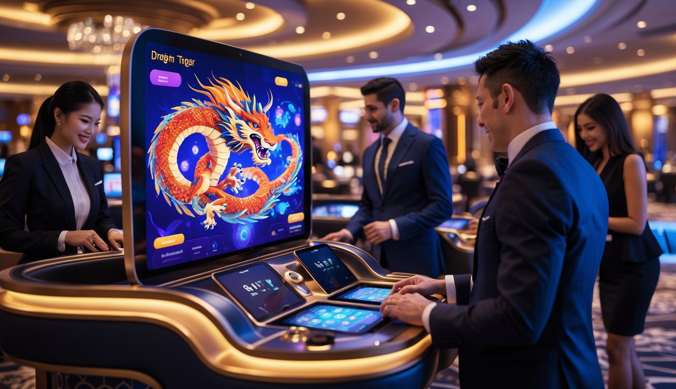 Beberapa pemain yang fokus bermain permainan Dragon Tiger di kasino online dan langsung dengan latar belakang suasana kasino yang mewah dan modern.