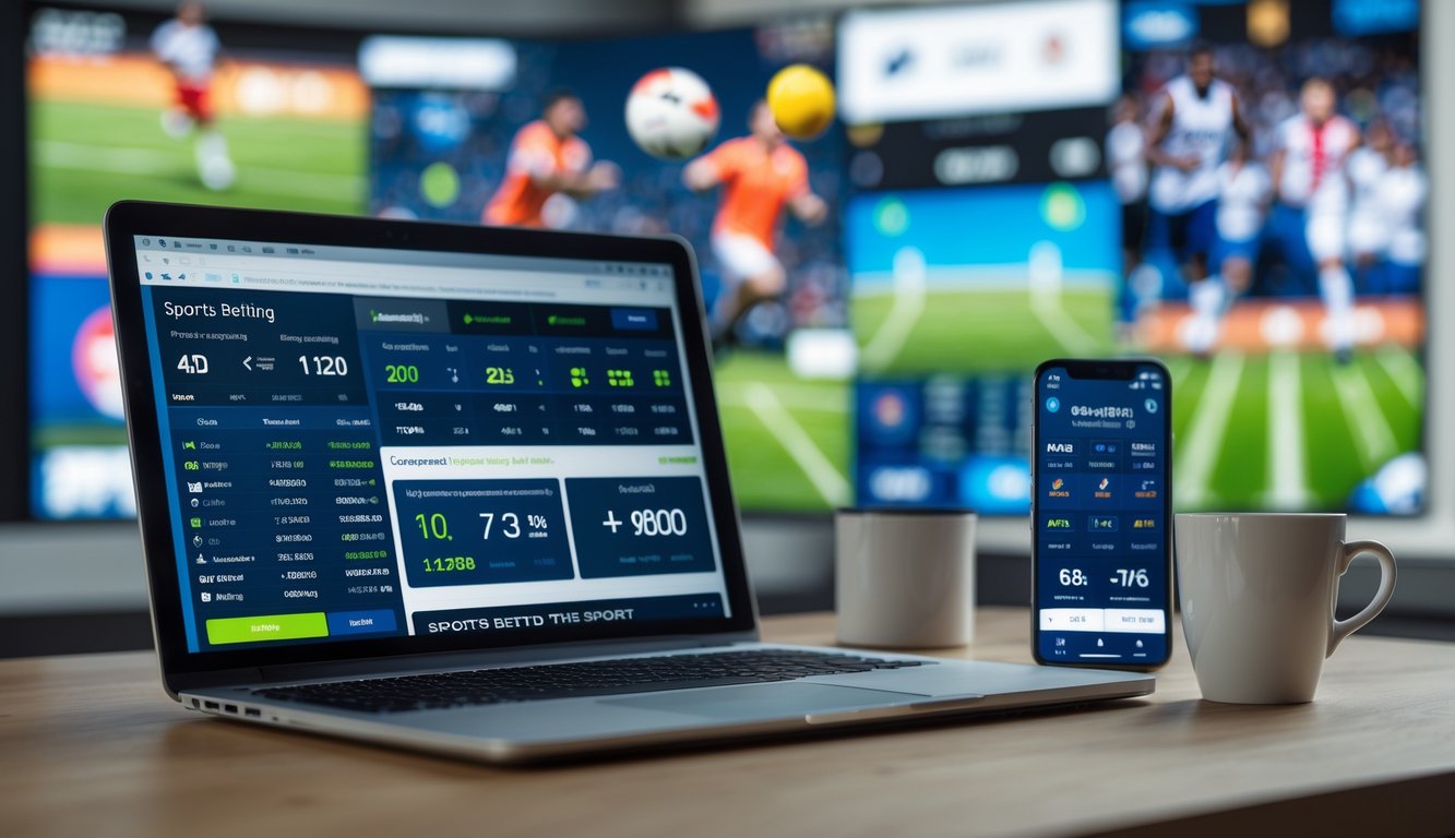 Meja kerja dengan laptop menampilkan statistik olahraga, ponsel dengan aplikasi taruhan olahraga, dan secangkir kopi, dengan latar belakang gambar olahraga seperti sepak bola dan bola basket.