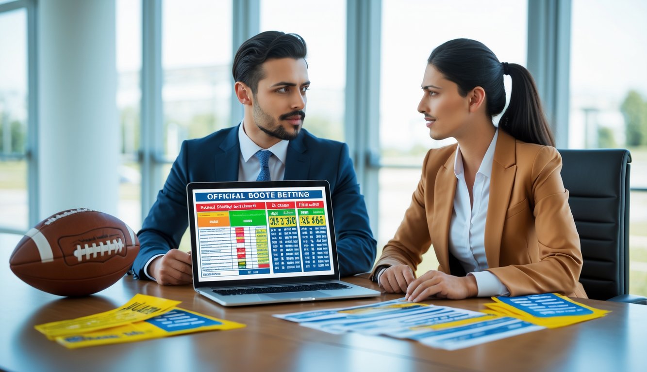 Dua orang profesional sedang berdiskusi di meja kantor dengan laptop dan perlengkapan olahraga di sekitar mereka.