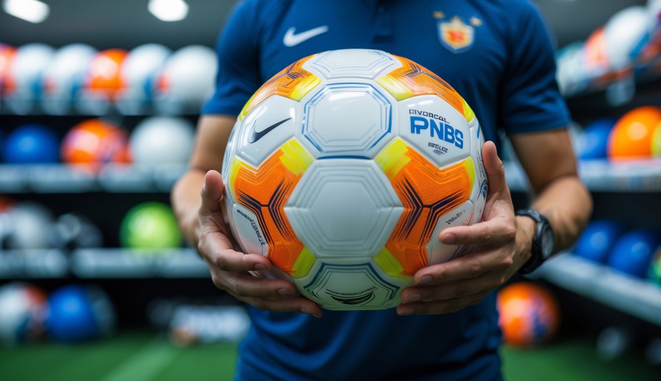Tangan seseorang sedang memeriksa bola sepak resmi di dalam toko perlengkapan olahraga.