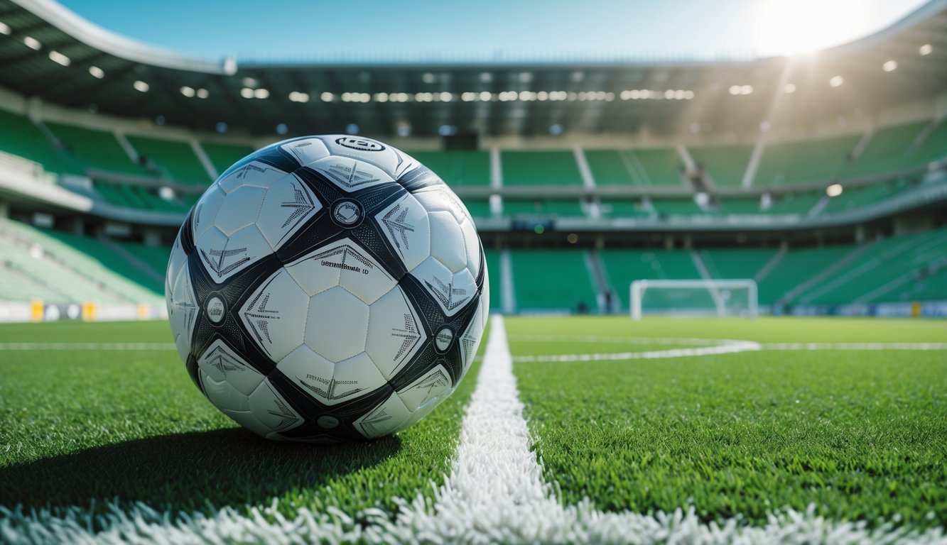 Bola sepak resmi diletakkan di lapangan hijau stadion sepak bola profesional yang kosong.