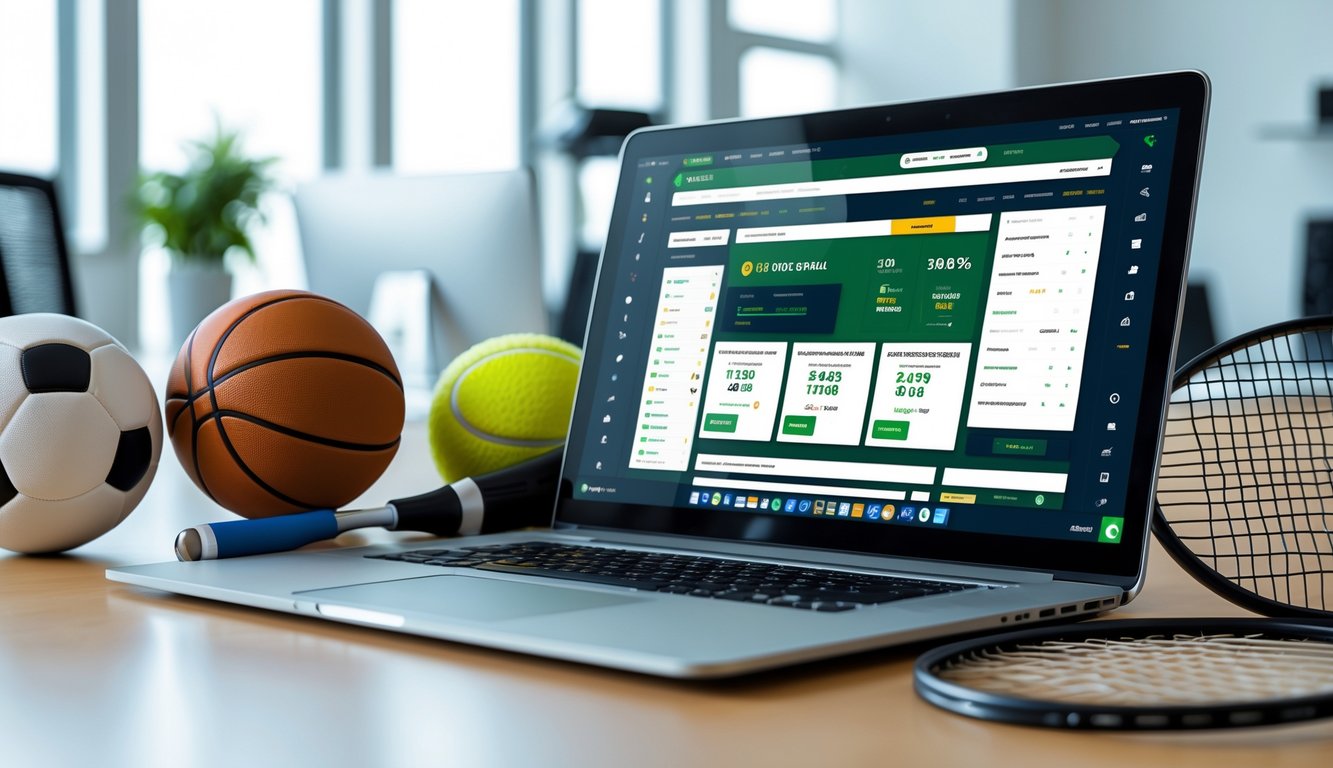 Sebuah laptop di meja kerja menampilkan antarmuka taruhan olahraga online dengan peralatan olahraga seperti bola sepak, bola basket, dan raket tenis di sekitarnya.
