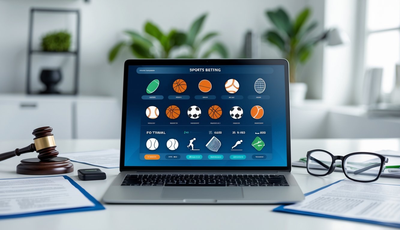 Seorang pria menggunakan laptop dengan tampilan antarmuka taruhan olahraga online, di meja terdapat dokumen hukum dan palu hakim.