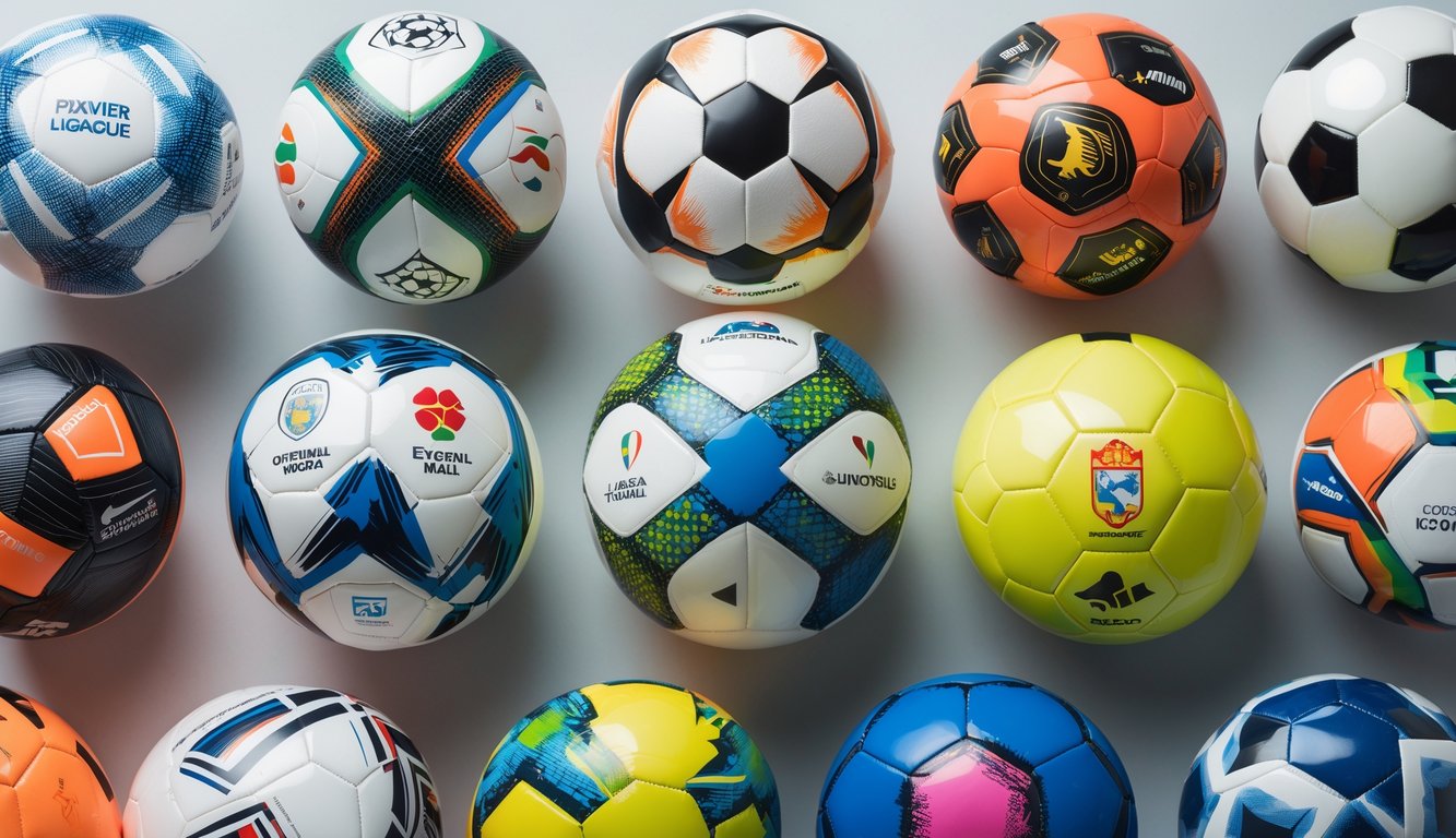 Beberapa bola sepak bola resmi dari berbagai liga internasional yang tersusun rapi di atas latar belakang polos.