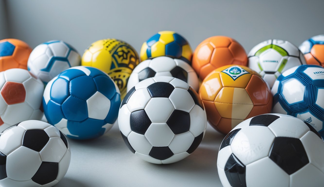 Beberapa bola sepak bola resmi dengan desain dan warna berbeda yang disusun rapi di atas permukaan bersih.