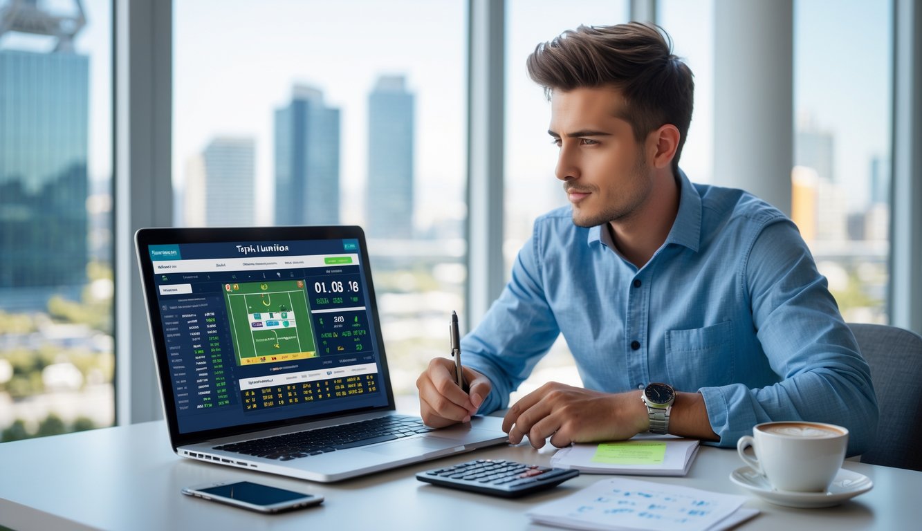Seorang pria muda duduk di meja dengan laptop dan smartphone, fokus melihat data taruhan olahraga sambil mencatat, di ruangan terang dengan jendela besar di belakangnya.