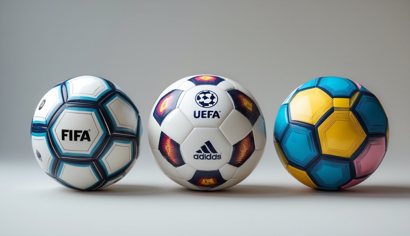 Tiga bola sepak resmi dari FIFA, UEFA, dan Liga Domestik yang diletakkan berdampingan untuk perbandingan.