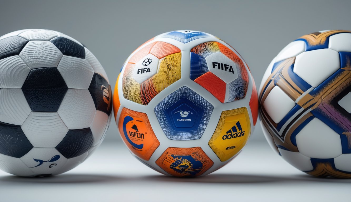Tiga bola sepak resmi dari FIFA, UEFA, dan liga domestik disusun berdampingan dengan latar belakang netral.