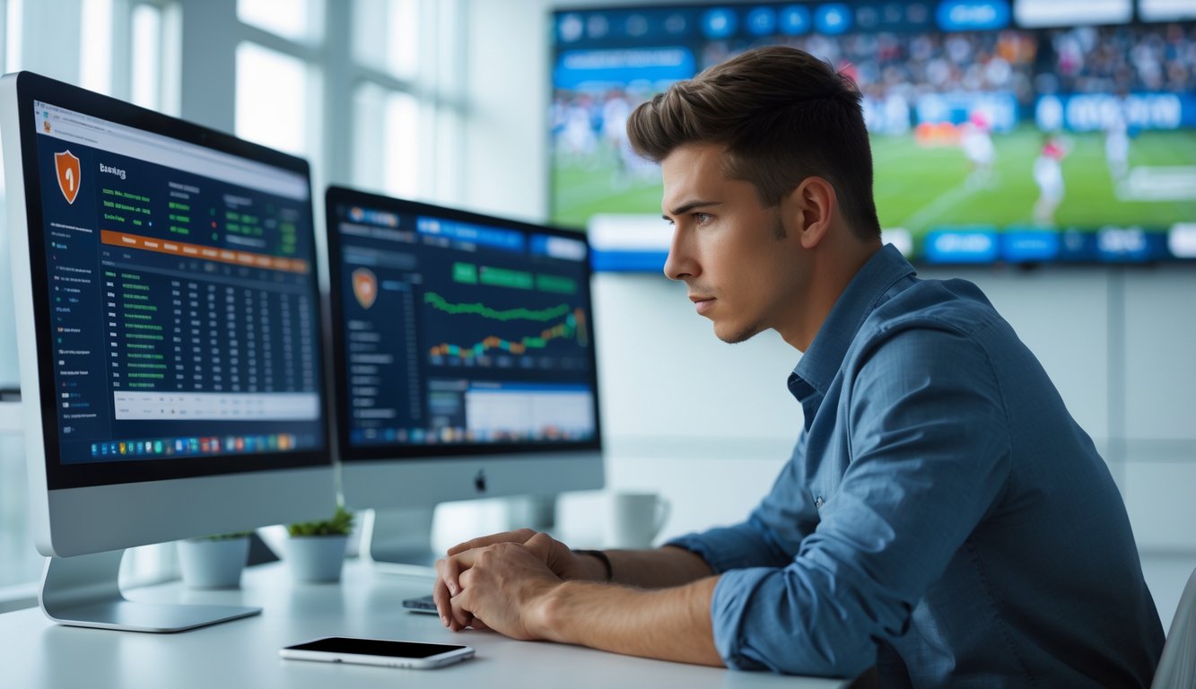 Seorang pria muda duduk di meja dengan beberapa layar komputer yang menampilkan situs taruhan olahraga dan grafik data, memperlihatkan suasana kerja yang serius dan fokus.