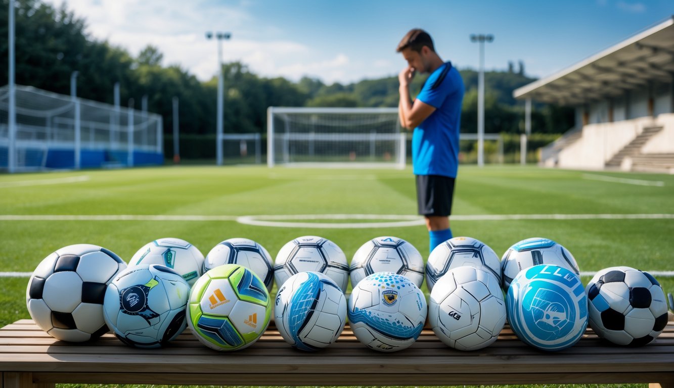 Seorang pelatih atau pemain sedang memilih bola sepak resmi di lapangan dengan beberapa bola sepak tertata rapi di bangku kayu.