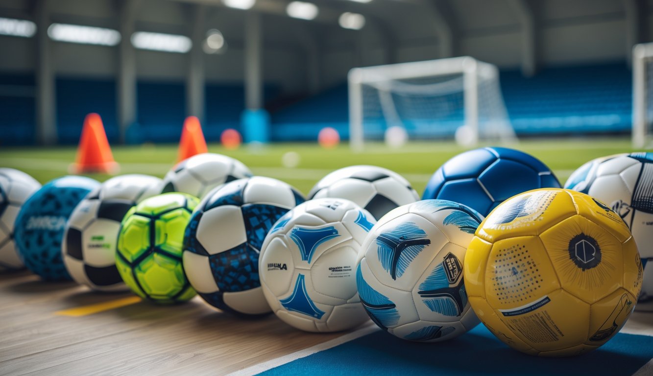 Beberapa bola sepak resmi dengan berbagai desain diletakkan di lantai kayu di dalam fasilitas olahraga, dengan latar belakang lapangan dan peralatan latihan yang samar.