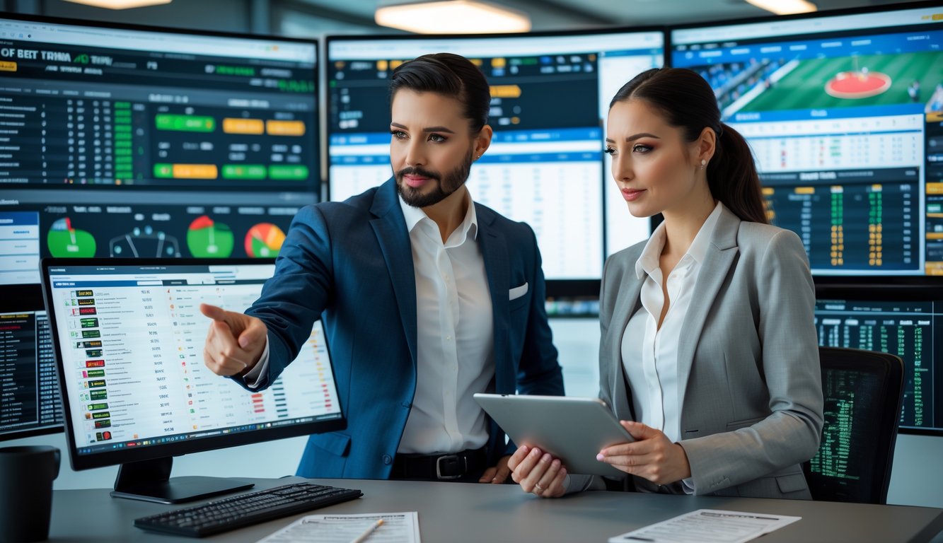 Dua orang sedang menganalisis data taruhan olahraga di depan beberapa layar komputer di ruang kantor modern.