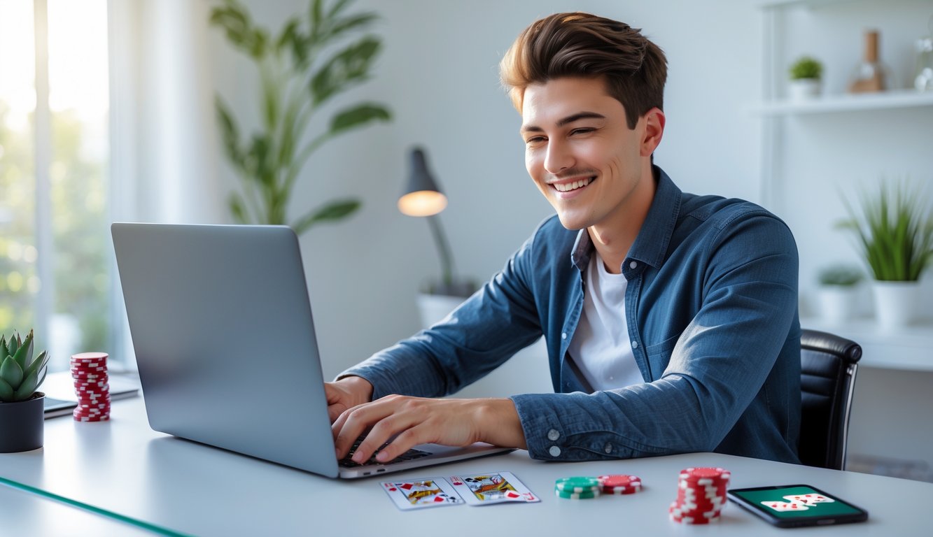 Seorang dewasa muda duduk di meja dengan laptop, bermain poker online dengan ekspresi senang dan suasana ruangan yang terang dan nyaman.