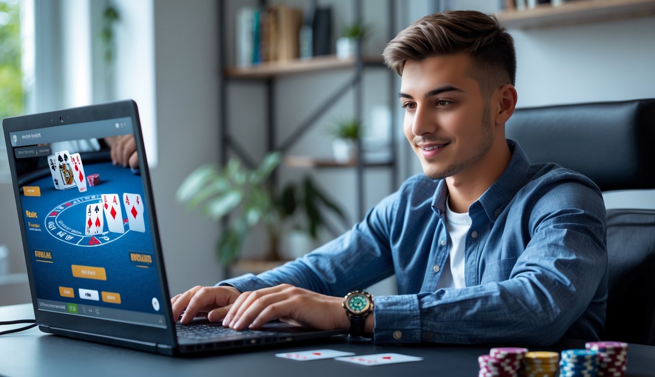 Seorang pria muda duduk di meja komputer bermain poker online dengan tumpukan chip dan kartu di mejanya di sebuah ruangan yang terang dan rapi.