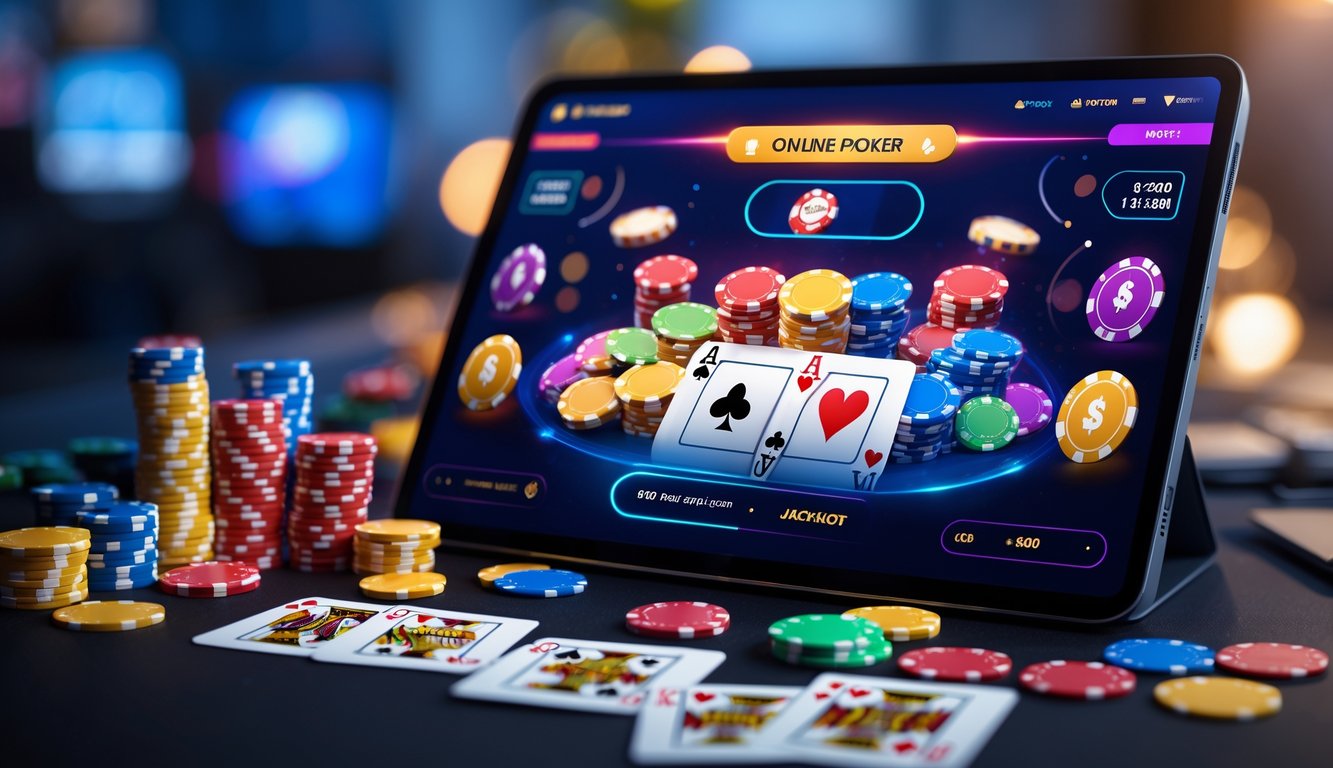 Sebuah laptop menampilkan permainan poker online dengan tumpukan chip dan kartu poker di meja, menggambarkan suasana permainan poker yang seru dan profesional.