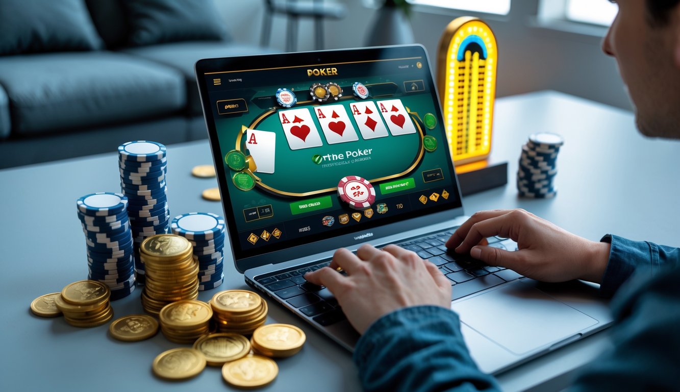 Seseorang menggunakan laptop dengan tampilan permainan poker online, dikelilingi oleh chip poker dan koin emas yang melambangkan bonus dan jackpot besar.
