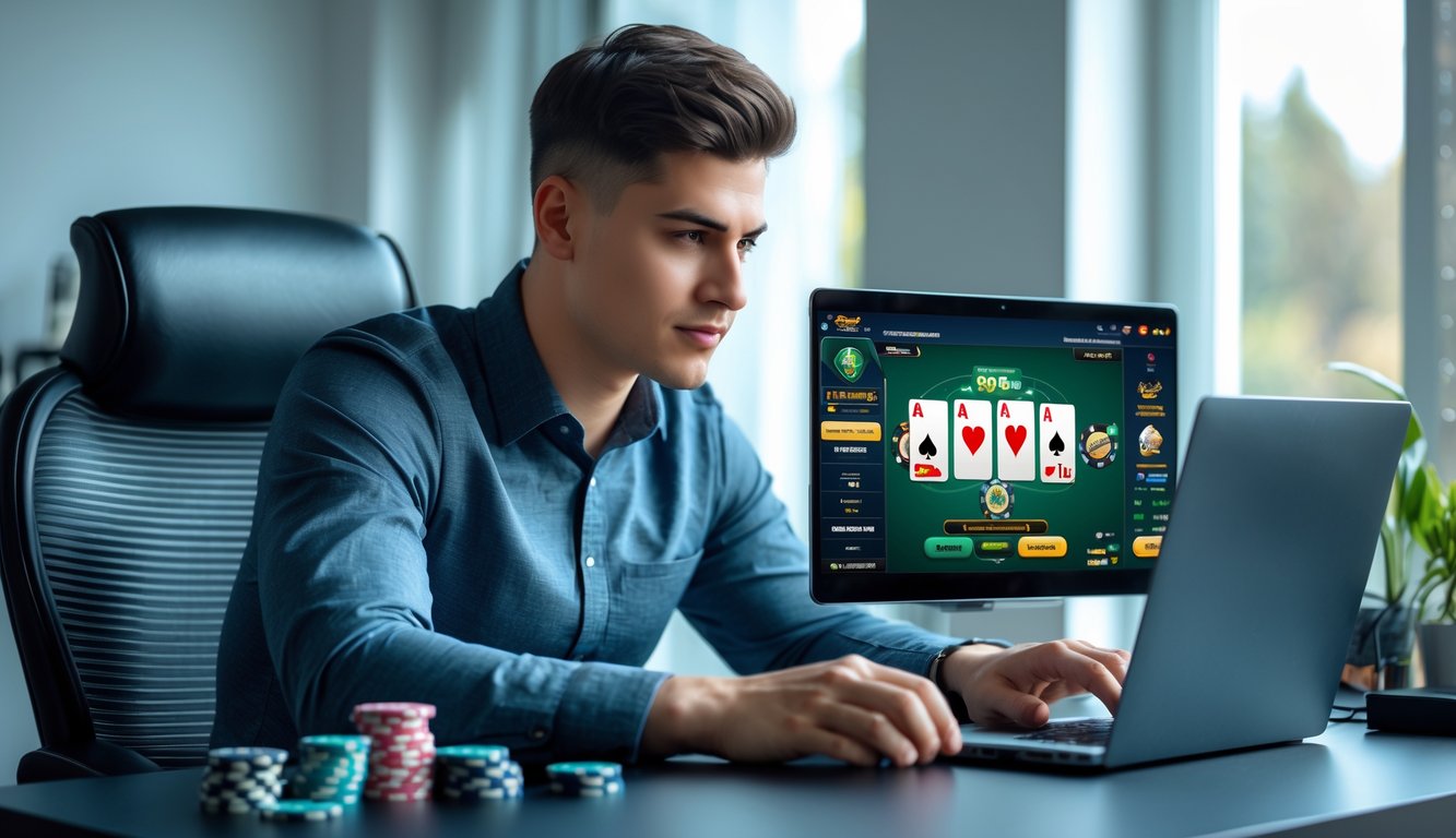 Seorang pria muda duduk di depan laptop dengan tampilan permainan poker online dan beberapa chip poker di meja.