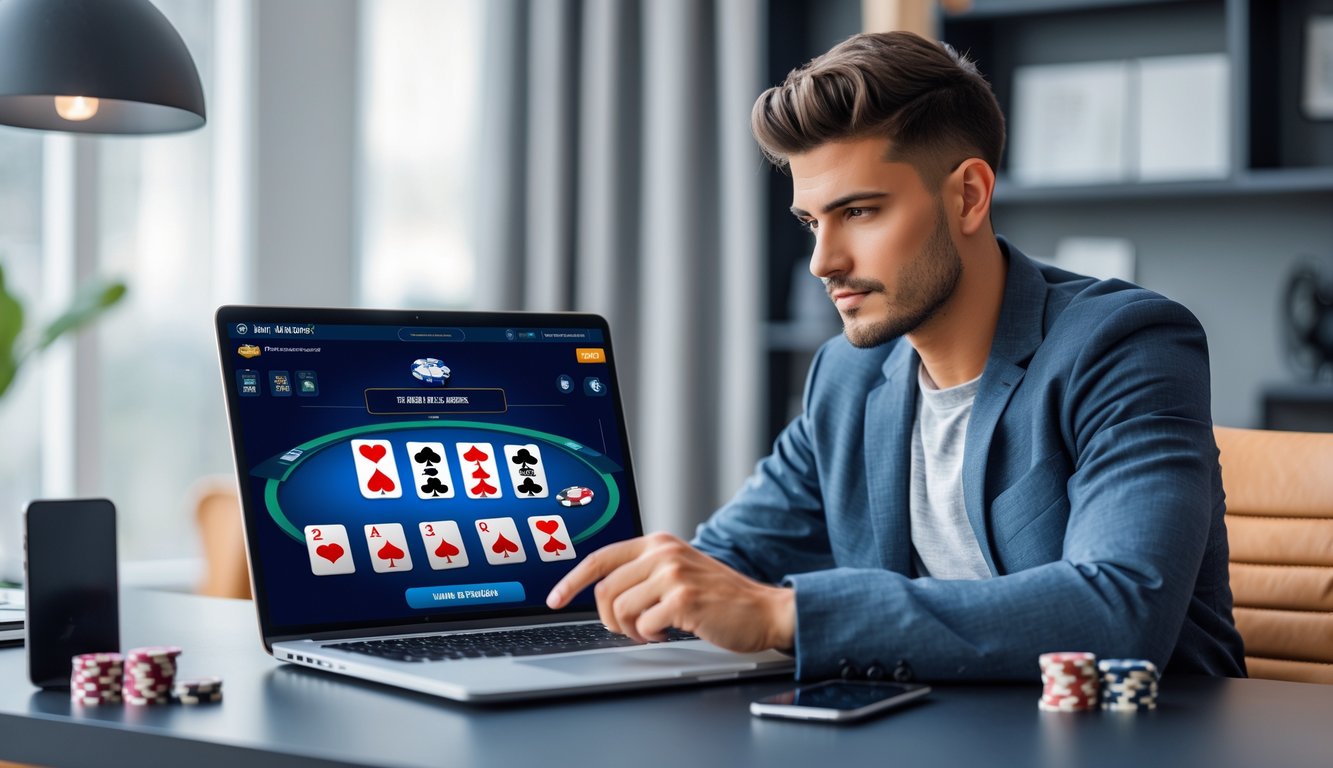 Seorang pria muda duduk di meja dengan laptop, fokus pada permainan poker online dengan kartu dan chip poker di sekitarnya.
