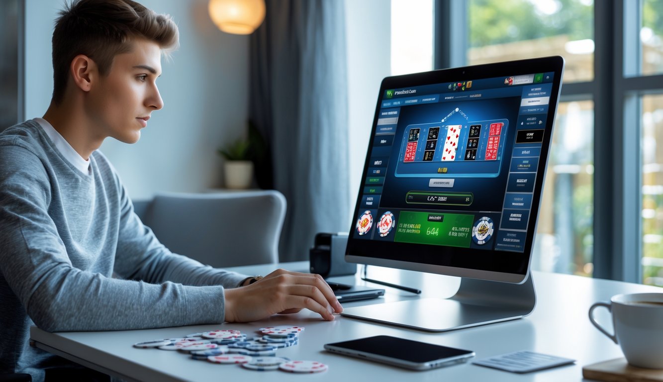 Seorang orang muda duduk di meja dengan laptop yang menampilkan permainan poker online, dikelilingi chip poker dan kartu bermain, terlihat fokus dan serius.