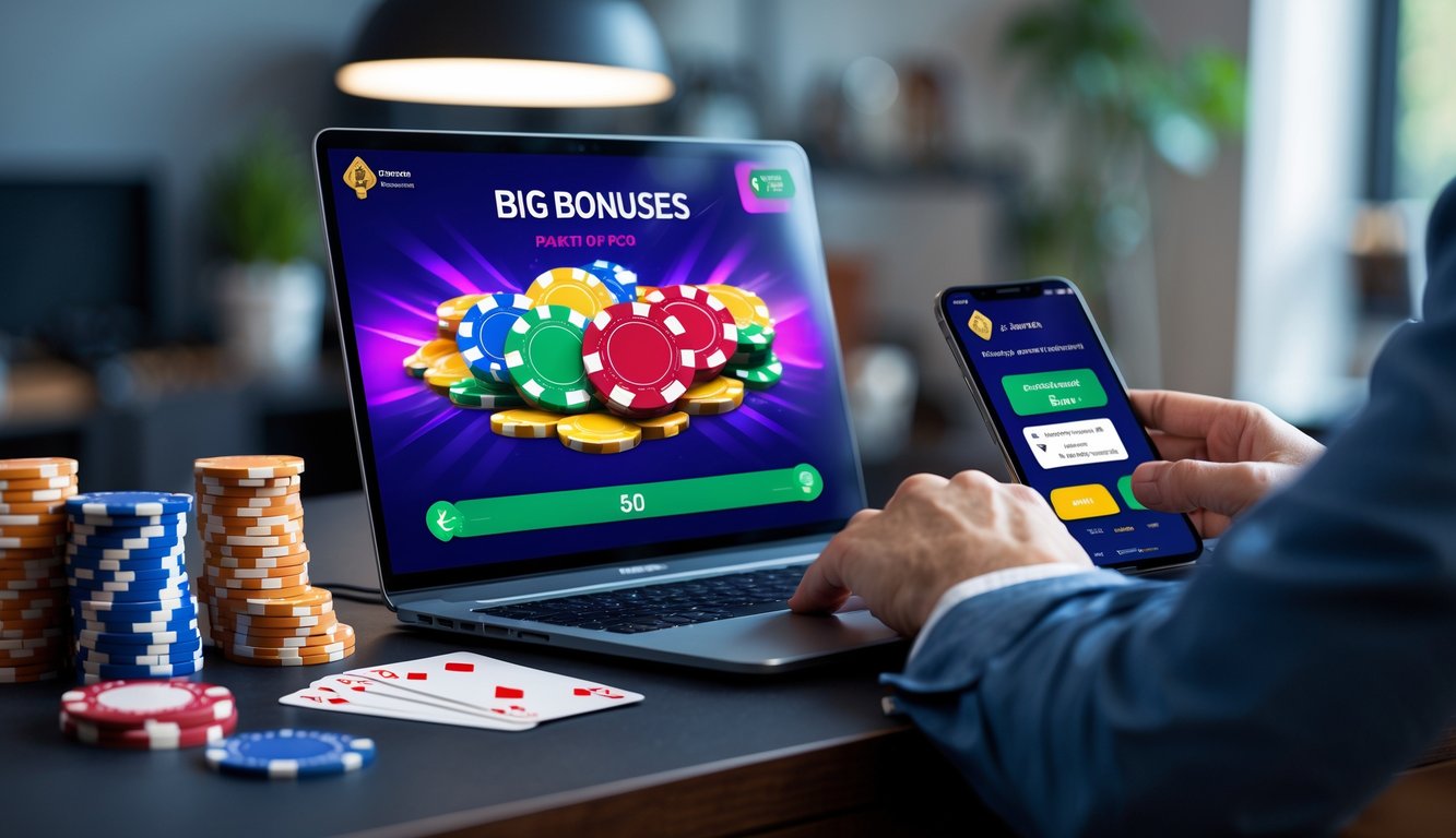 Seorang pemain poker online sedang bermain di laptop dengan tumpukan chip poker dan kartu di meja.