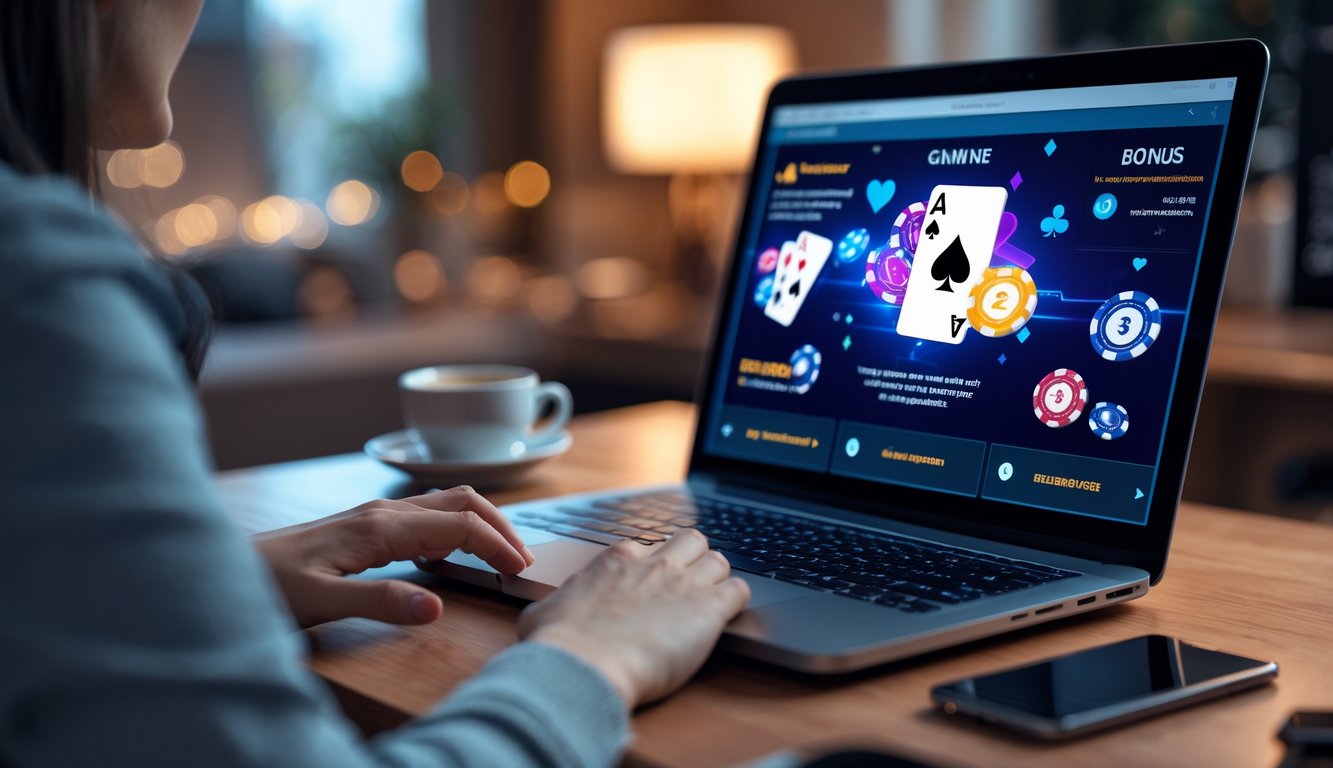 Seseorang sedang bermain poker online di komputer dengan chip poker dan kartu di layar, di meja terdapat kopi dan ponsel.